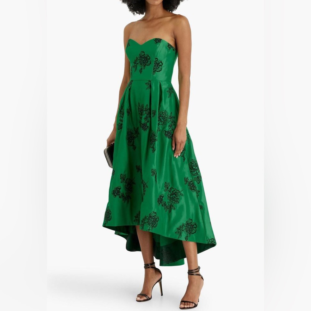 Marchesa Notte Strapless Coquette Embroidered Duchesse Satin Gown Emerald Size 8